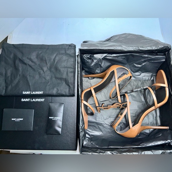 SAINT LAURENT CASSANDRA 100 SANDAL METAL YSL LOGO BROWN LEATHER SZ 39.5 NEW! - Picture 13 of 16